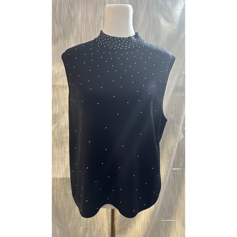 St. John Knit Black sparkle Santana Knit Sleeveless Mock Neck Top L